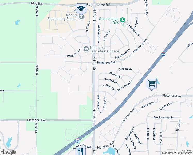 map of restaurants, bars, coffee shops, grocery stores, and more near 6455 Whitewater Lane in Lincoln