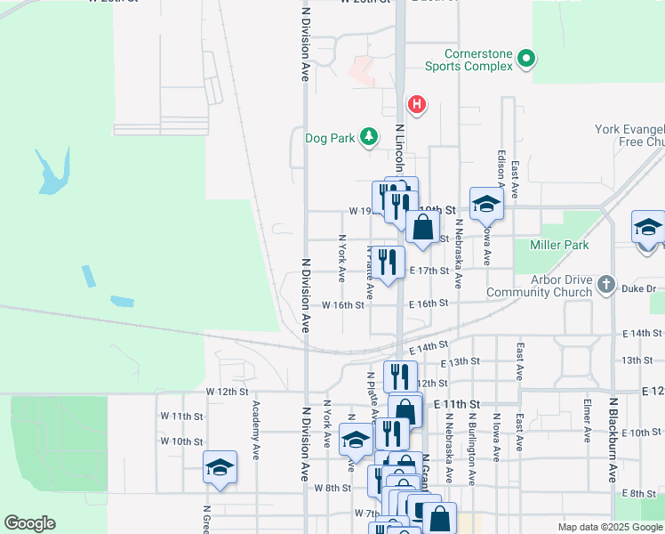 map of restaurants, bars, coffee shops, grocery stores, and more near 1631 North York Avenue in York