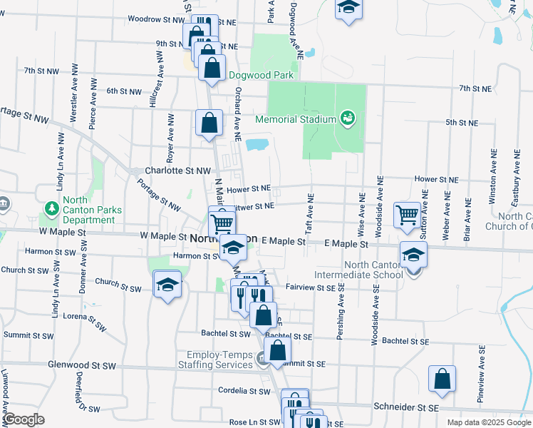 map of restaurants, bars, coffee shops, grocery stores, and more near 101 East Maple Street in North Canton