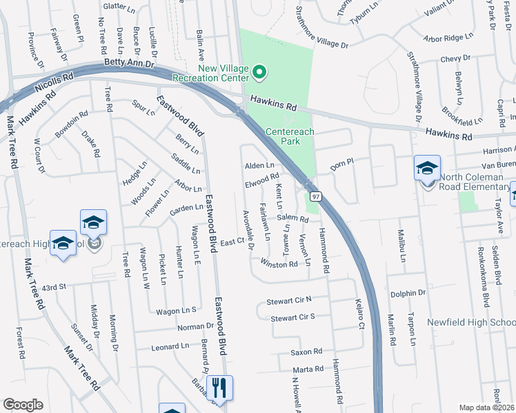 map of restaurants, bars, coffee shops, grocery stores, and more near 37 Fairlawn Lane in Centereach