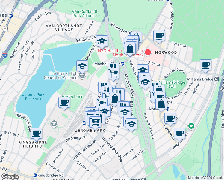 map of restaurants, bars, coffee shops, grocery stores, and more near 3184 Grand Concourse in Bronx