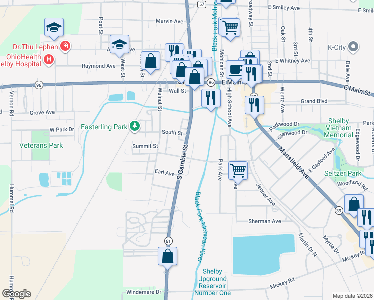 map of restaurants, bars, coffee shops, grocery stores, and more near 71 South Gamble Street in Shelby