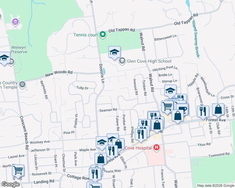 map of restaurants, bars, coffee shops, grocery stores, and more near 12 Sherwood Road in Glen Cove