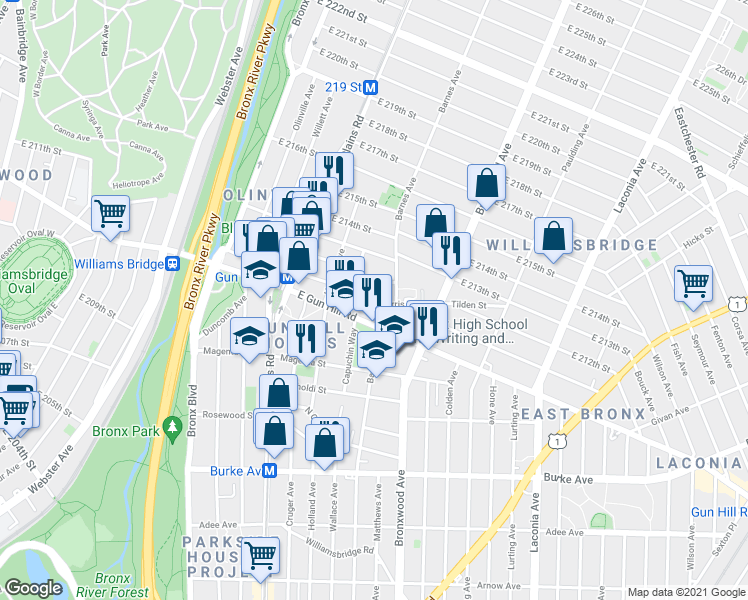 map of restaurants, bars, coffee shops, grocery stores, and more near 771 East Gun Hill Road in Bronx