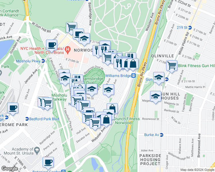 map of restaurants, bars, coffee shops, grocery stores, and more near in The Bronx