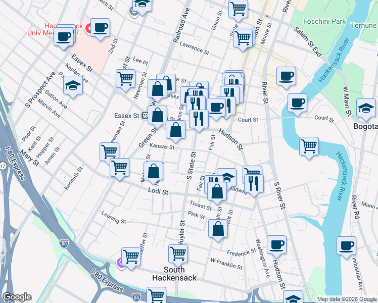 map of restaurants, bars, coffee shops, grocery stores, and more near 54 South State Street in Hackensack