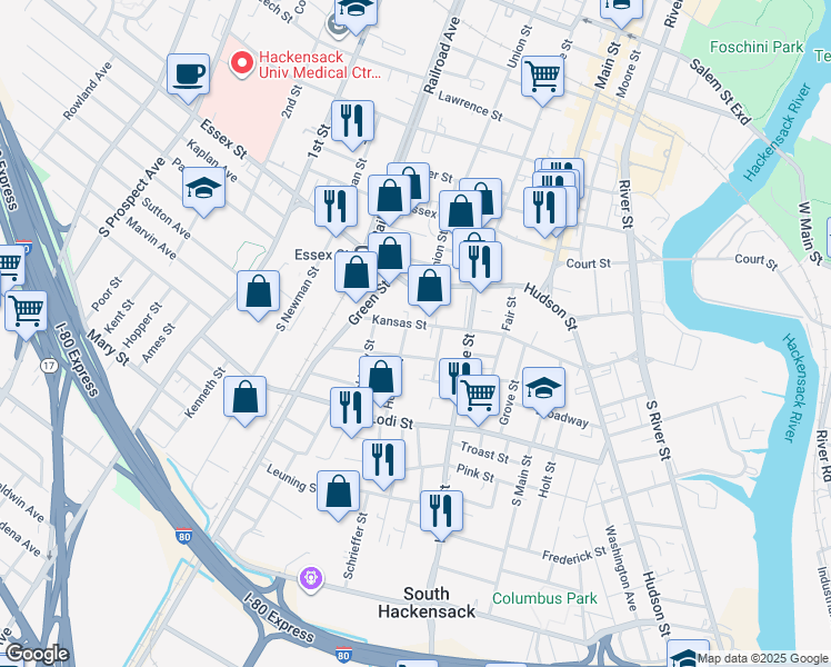 map of restaurants, bars, coffee shops, grocery stores, and more near 63 Hobart Street in Hackensack