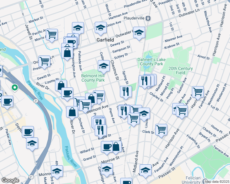 map of restaurants, bars, coffee shops, grocery stores, and more near 79 Cedar Street in Garfield