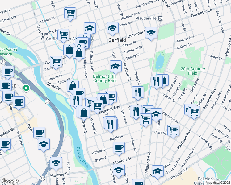 map of restaurants, bars, coffee shops, grocery stores, and more near 233 Pierre Avenue in Garfield