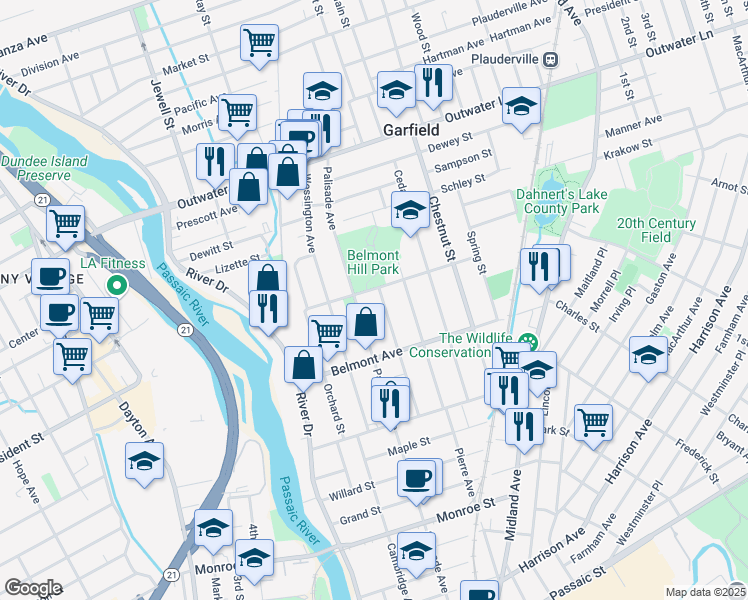 map of restaurants, bars, coffee shops, grocery stores, and more near 340 Palisade Avenue in Garfield