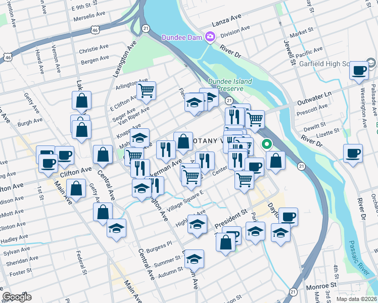 map of restaurants, bars, coffee shops, grocery stores, and more near Village Square East in Clifton