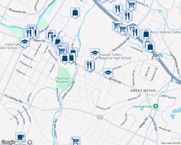 map of restaurants, bars, coffee shops, grocery stores, and more near 40 Hudson Street in Little Falls