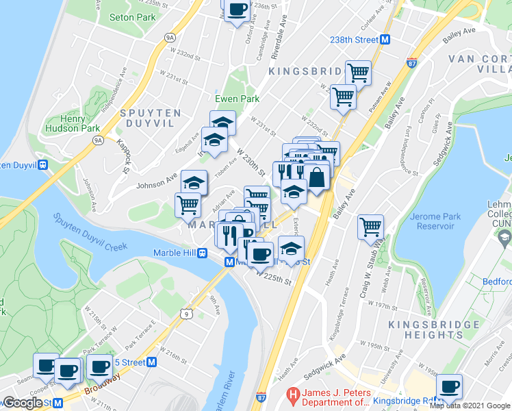 map of restaurants, bars, coffee shops, grocery stores, and more near West 228th Street in New York