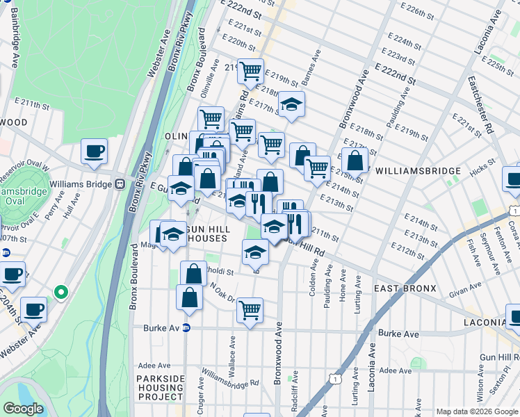 map of restaurants, bars, coffee shops, grocery stores, and more near 771 East Gun Hill Road in Bronx
