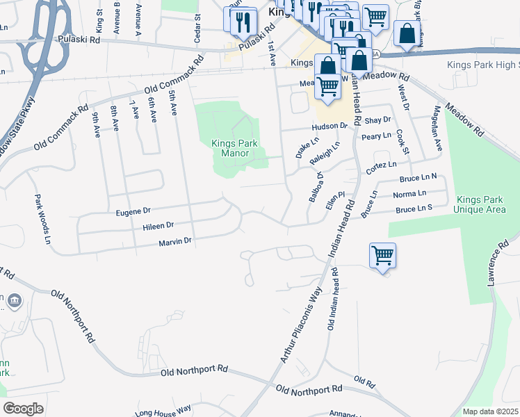 map of restaurants, bars, coffee shops, grocery stores, and more near 48 Ellen Place in Kings Park