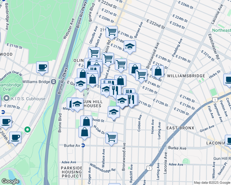 map of restaurants, bars, coffee shops, grocery stores, and more near 771 East Gun Hill Road in Bronx