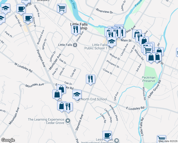 map of restaurants, bars, coffee shops, grocery stores, and more near 154 Center Avenue in Little Falls