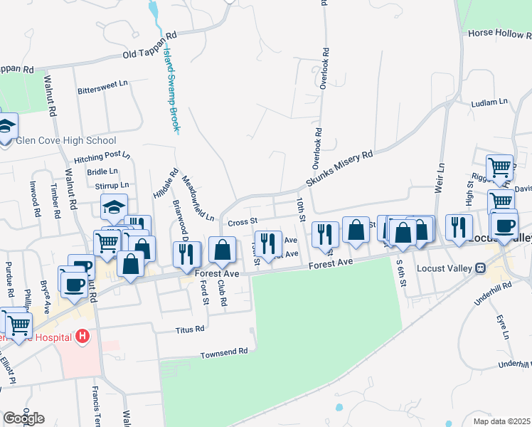 map of restaurants, bars, coffee shops, grocery stores, and more near 58 Cross Street in Locust Valley