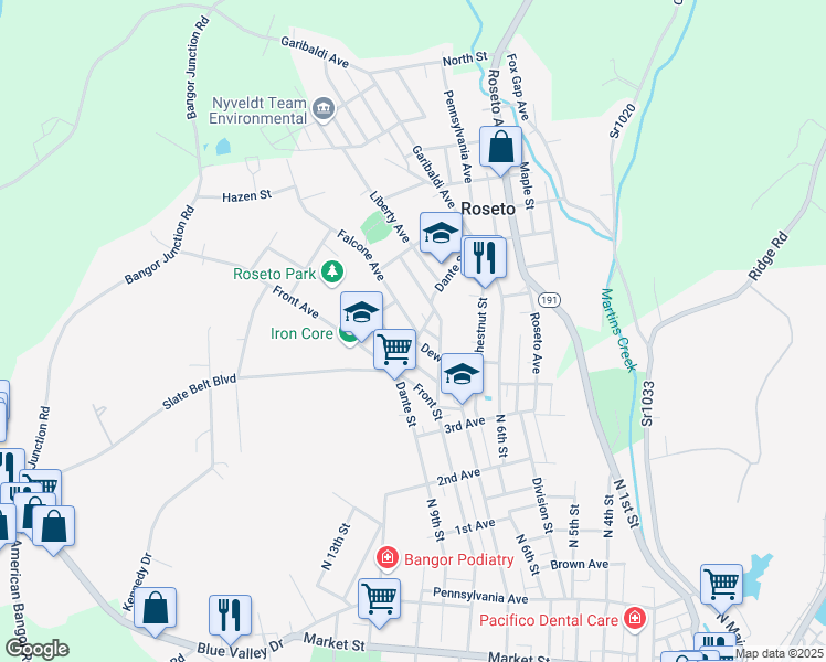 map of restaurants, bars, coffee shops, grocery stores, and more near 55 Dewey Street in Roseto