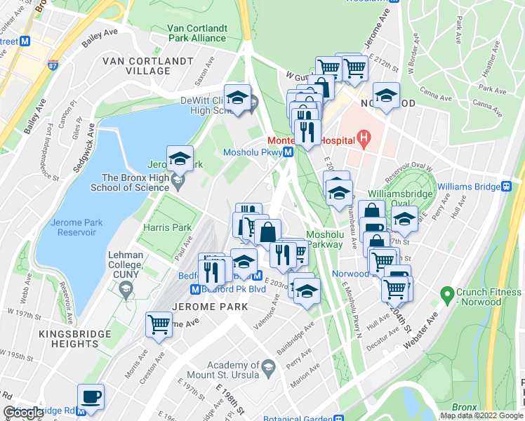map of restaurants, bars, coffee shops, grocery stores, and more near 3201 Grand Concourse in The Bronx
