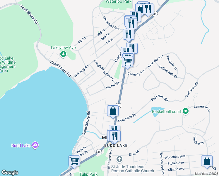 map of restaurants, bars, coffee shops, grocery stores, and more near 18 Forest Road in Mount Olive Township