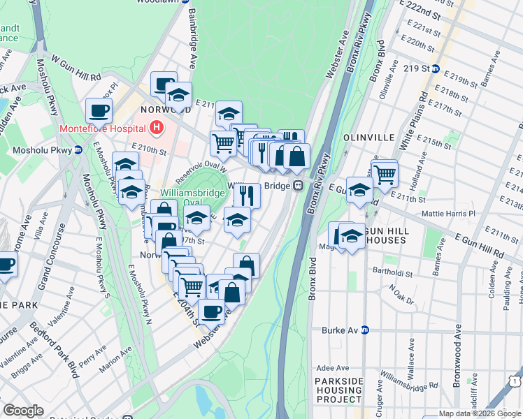map of restaurants, bars, coffee shops, grocery stores, and more near in The Bronx