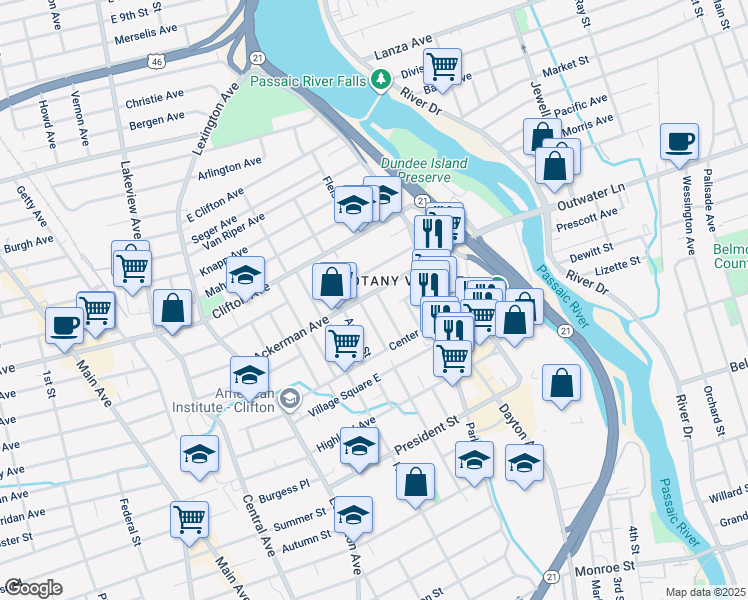 map of restaurants, bars, coffee shops, grocery stores, and more near 38 Harrison Place in Clifton