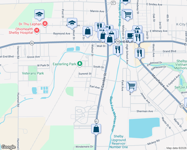 map of restaurants, bars, coffee shops, grocery stores, and more near 18 W Tucker Ave in Shelby