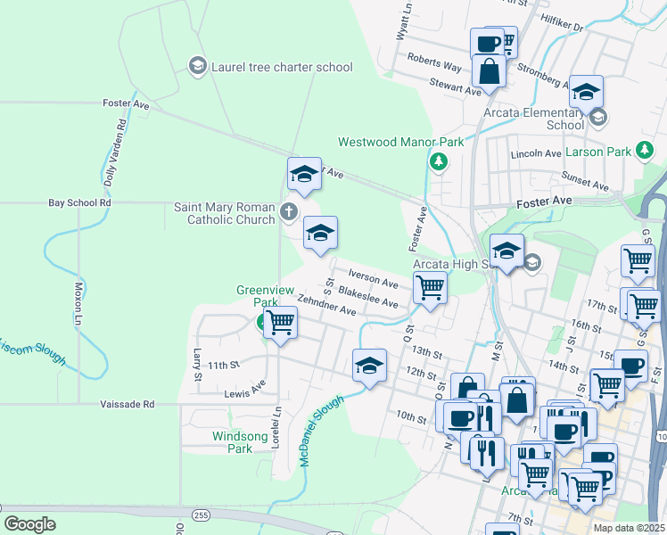 map of restaurants, bars, coffee shops, grocery stores, and more near 1897 S Street in Arcata