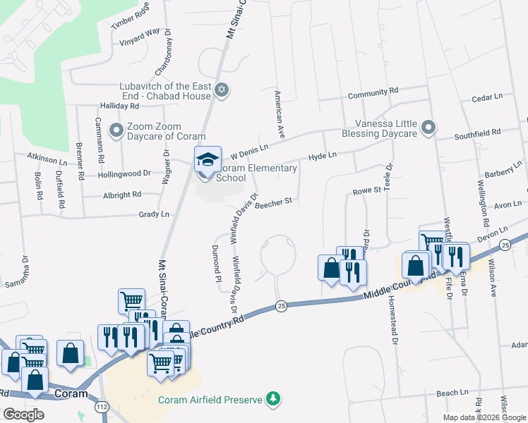 map of restaurants, bars, coffee shops, grocery stores, and more near 14 Beecher Street in Coram