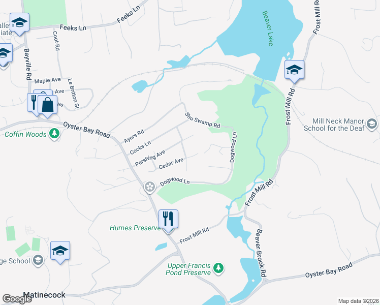 map of restaurants, bars, coffee shops, grocery stores, and more near 18 Woods Road in Locust Valley