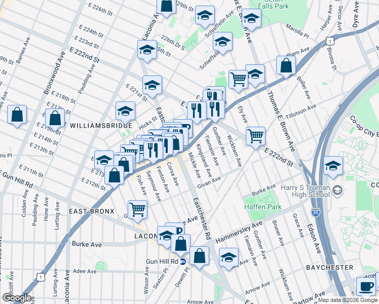 map of restaurants, bars, coffee shops, grocery stores, and more near 1600 Tillotson Avenue in Bronx