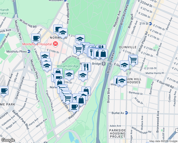 map of restaurants, bars, coffee shops, grocery stores, and more near in The Bronx