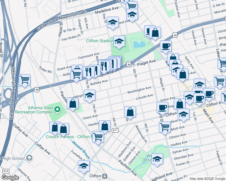 map of restaurants, bars, coffee shops, grocery stores, and more near 276 Washington Avenue in Clifton