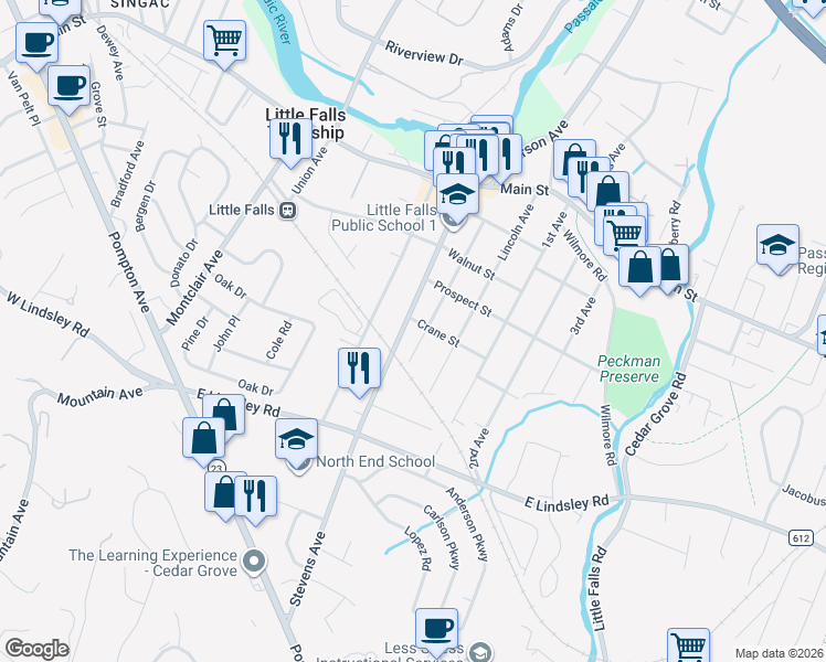 map of restaurants, bars, coffee shops, grocery stores, and more near 119 Ridge Avenue in Little Falls
