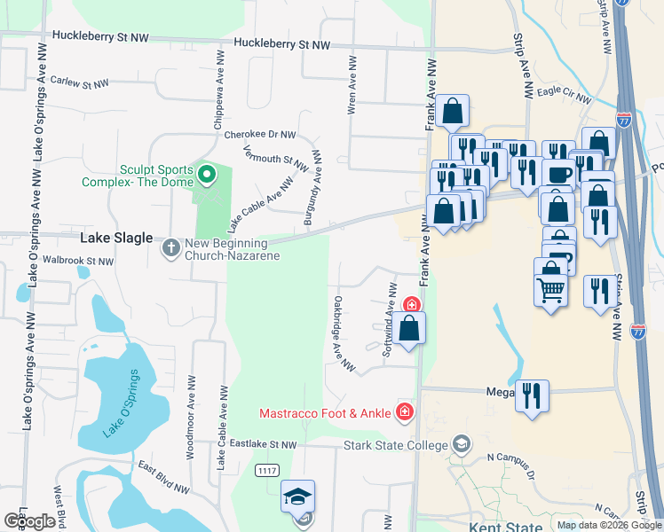 map of restaurants, bars, coffee shops, grocery stores, and more near 6602 Oakbridge Avenue Northwest in Canton