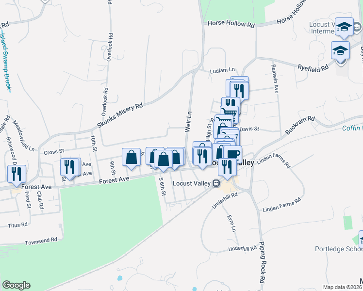 map of restaurants, bars, coffee shops, grocery stores, and more near 38 West 4th Street in Locust Valley