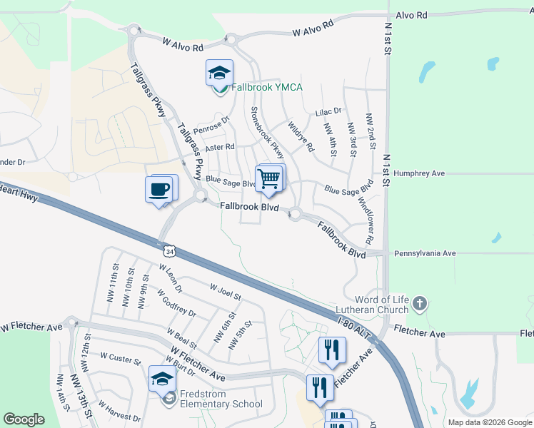 map of restaurants, bars, coffee shops, grocery stores, and more near 600 Clayton Drive in Lincoln