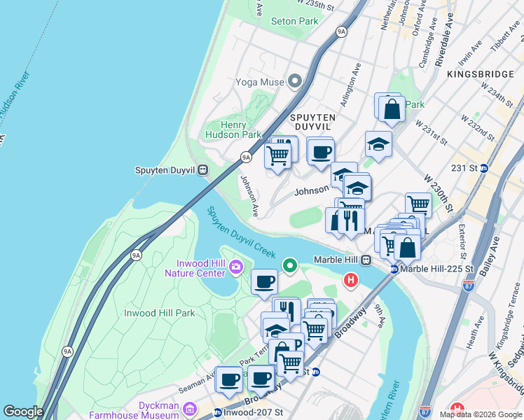 map of restaurants, bars, coffee shops, grocery stores, and more near 500 Kappock Street in Bronx
