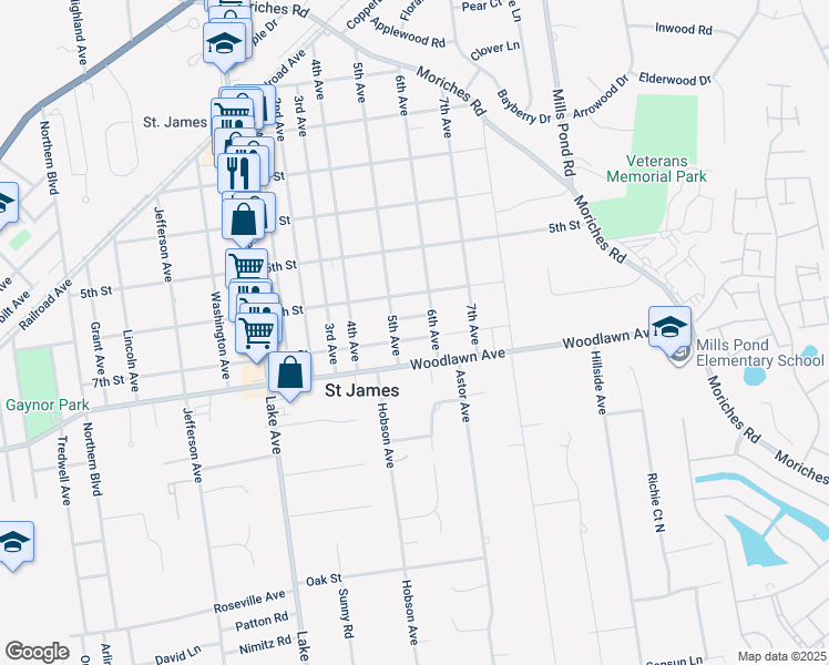 map of restaurants, bars, coffee shops, grocery stores, and more near 233 Woodlawn Avenue in Saint James