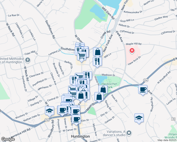 map of restaurants, bars, coffee shops, grocery stores, and more near 171 New York Avenue in Huntington