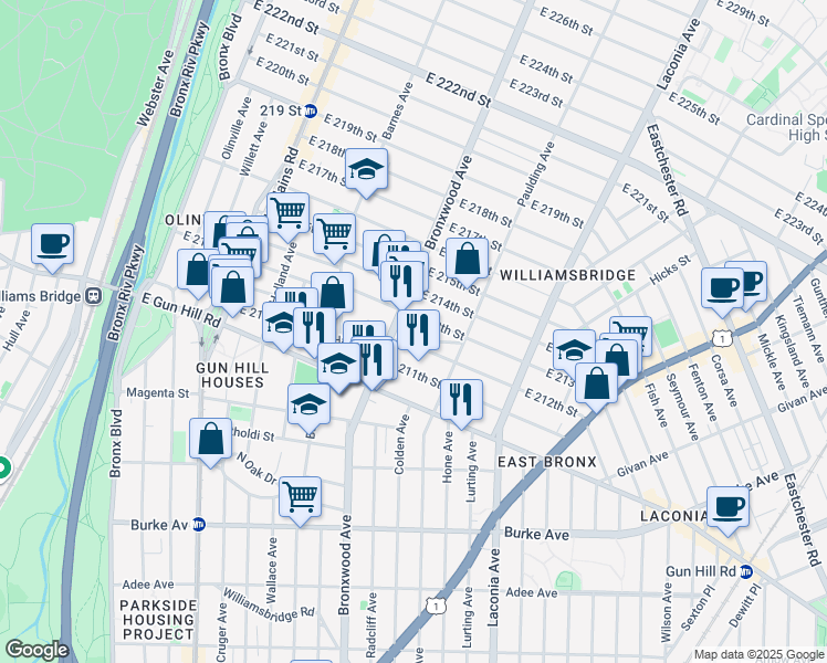 map of restaurants, bars, coffee shops, grocery stores, and more near 934 East 212th Street in Bronx