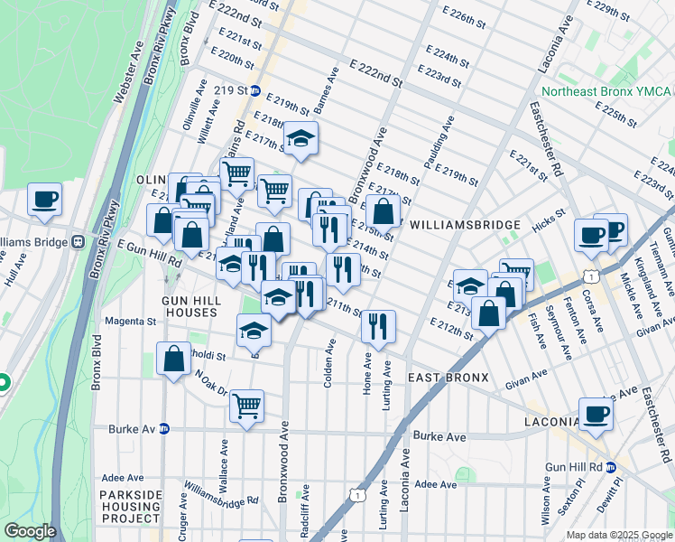 map of restaurants, bars, coffee shops, grocery stores, and more near 934 East 212th Street in Bronx