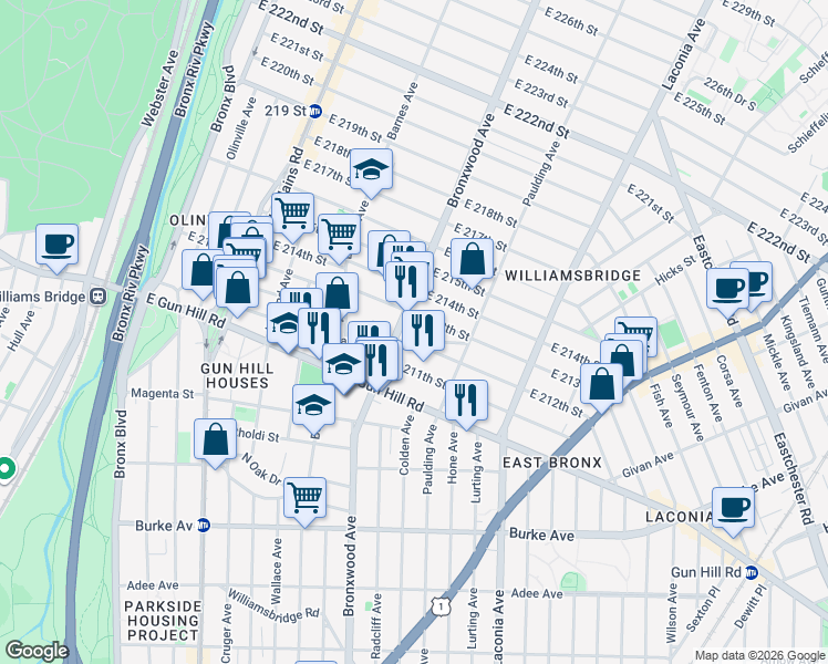 map of restaurants, bars, coffee shops, grocery stores, and more near 934 East 212th Street in Bronx