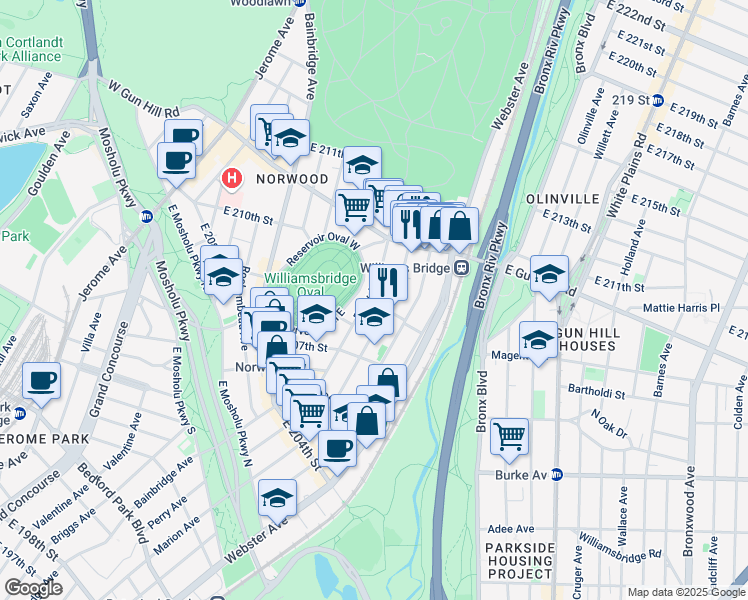 map of restaurants, bars, coffee shops, grocery stores, and more near in The Bronx