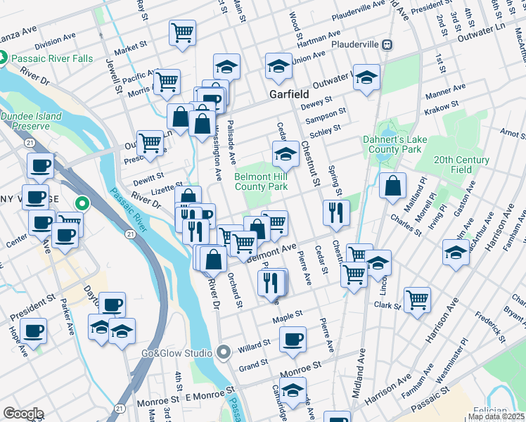 map of restaurants, bars, coffee shops, grocery stores, and more near 340 Palisade Avenue in Garfield