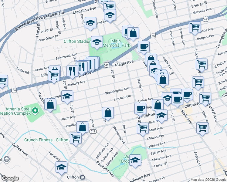map of restaurants, bars, coffee shops, grocery stores, and more near 74 Lincoln Avenue in Clifton