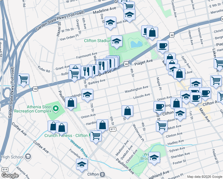 map of restaurants, bars, coffee shops, grocery stores, and more near 276 Washington Avenue in Clifton