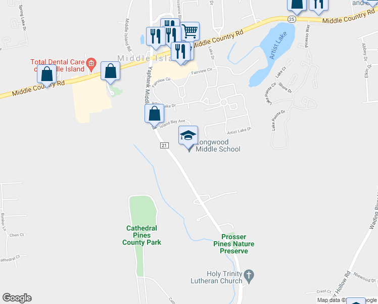map of restaurants, bars, coffee shops, grocery stores, and more near 41 Yaphank Middle Island Road in Middle Island