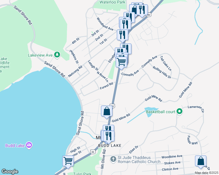 map of restaurants, bars, coffee shops, grocery stores, and more near 168 U.S. 46 in Mount Olive
